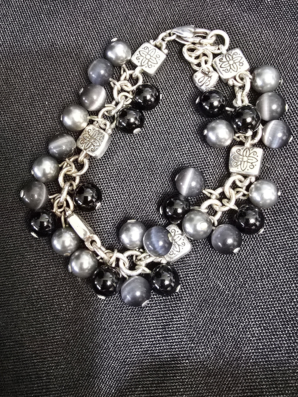 Retired Brighton Mimosa Gray Black Silver Beaded Bracelet CATS EYE
